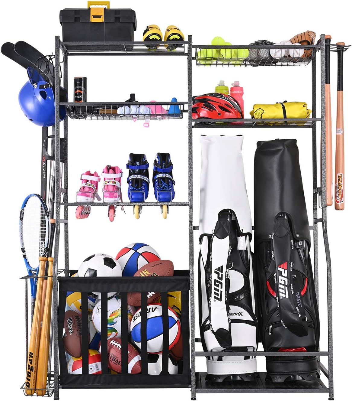 Golf Equipment Garage Storage - ガレージスポーツ用品収納スタンド、ゴルフバッグオーガナイザーラックフレームコンテナユニット、ボール収納ホルダー棚、伸縮性ストラップ付き、ブラックガレージシステム