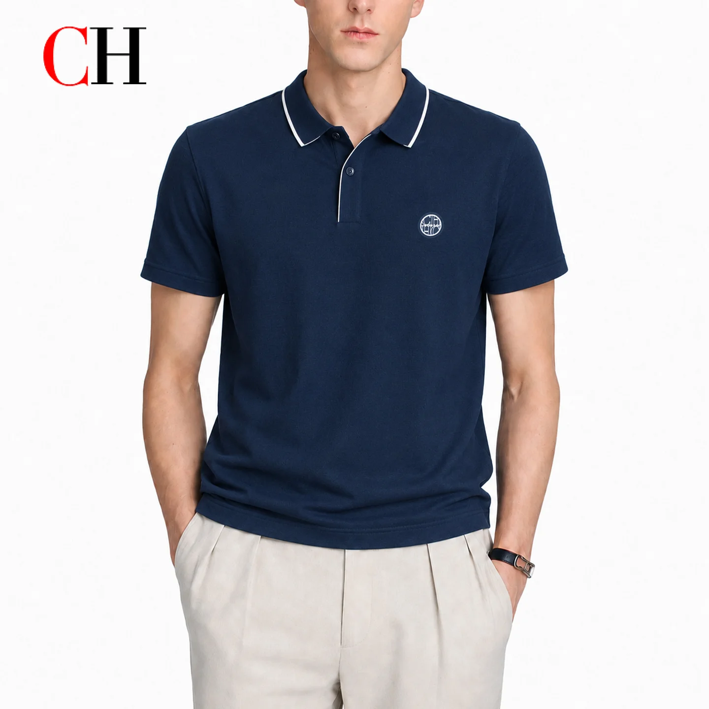 Golf Equipment Logo - CHメンズシングルホワイトチップドカラーショートスリーブポロシャツラウンドラバーバッジロゴ左胸オールドマネーゴルフオフィスデイリーウェア