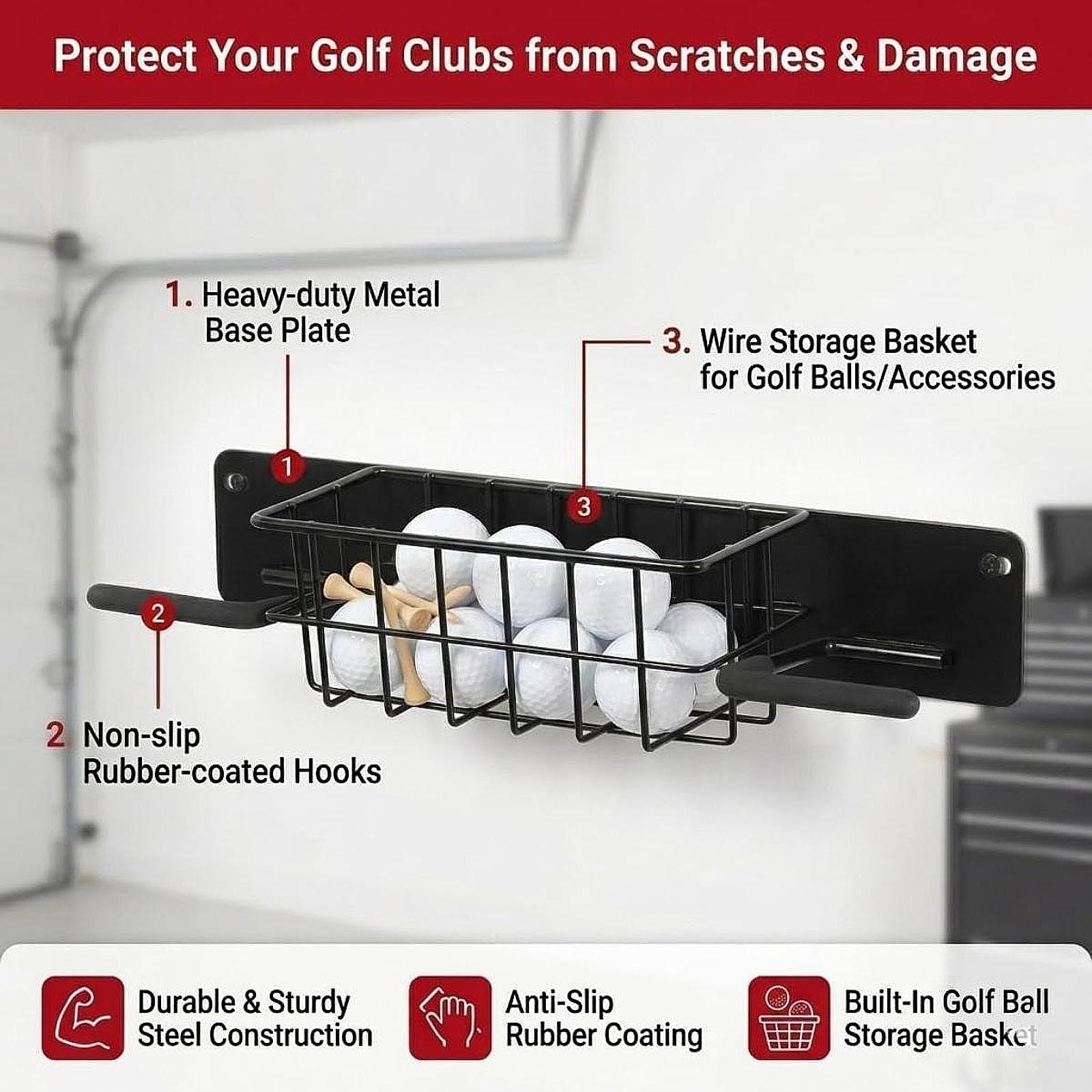Golf Equipment Garage Storage - 省スペースゴルフ用品壁掛けラック、金属製バッグホルダー、収納バスケット付き、頑丈なオーガナイザー、ガレージ、自宅、クラブエリア用
