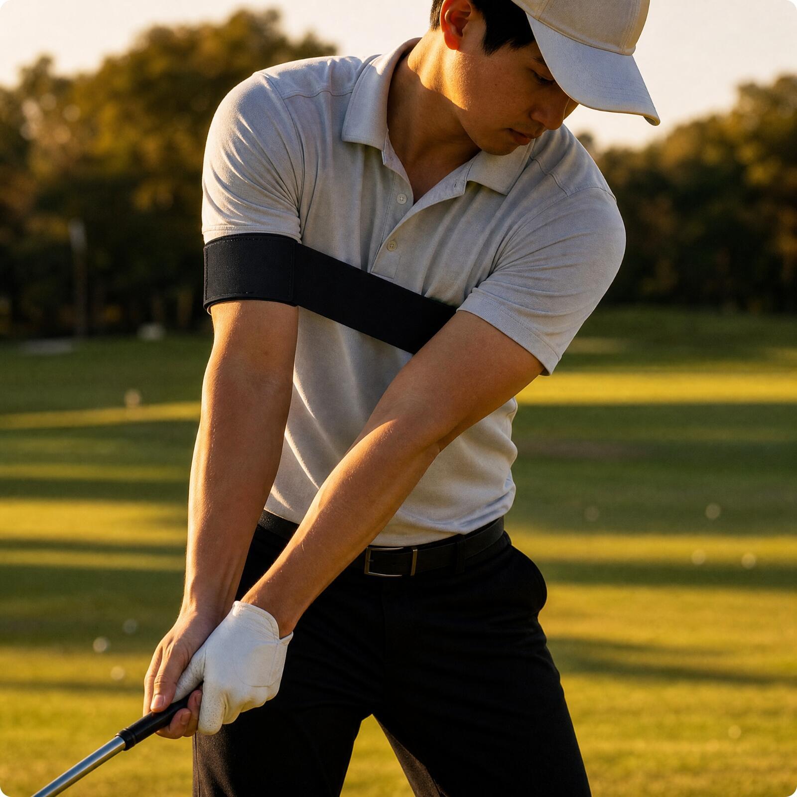 Golf Equipment And Gear - ゴルフスイング姿勢矯正用ストラップ。腕の動きを制御し、ゴルフ練習の際に装着して姿勢を改善するためのナイロン製矯正具。
