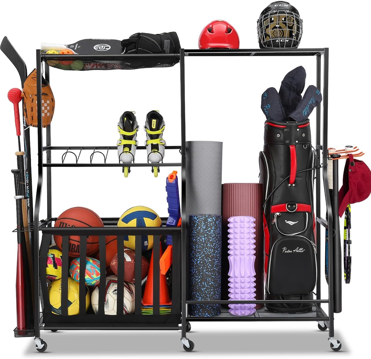 Golf Equipment Garage Storage - ガレージスポーツ用品オーガナイザー（ホイール付き）ゴルフバッグ収納ラック、ボール収納ビン、頑丈なローリングガレージ収納フレームコンテナシステム、バスケットフック、屋内用、黒