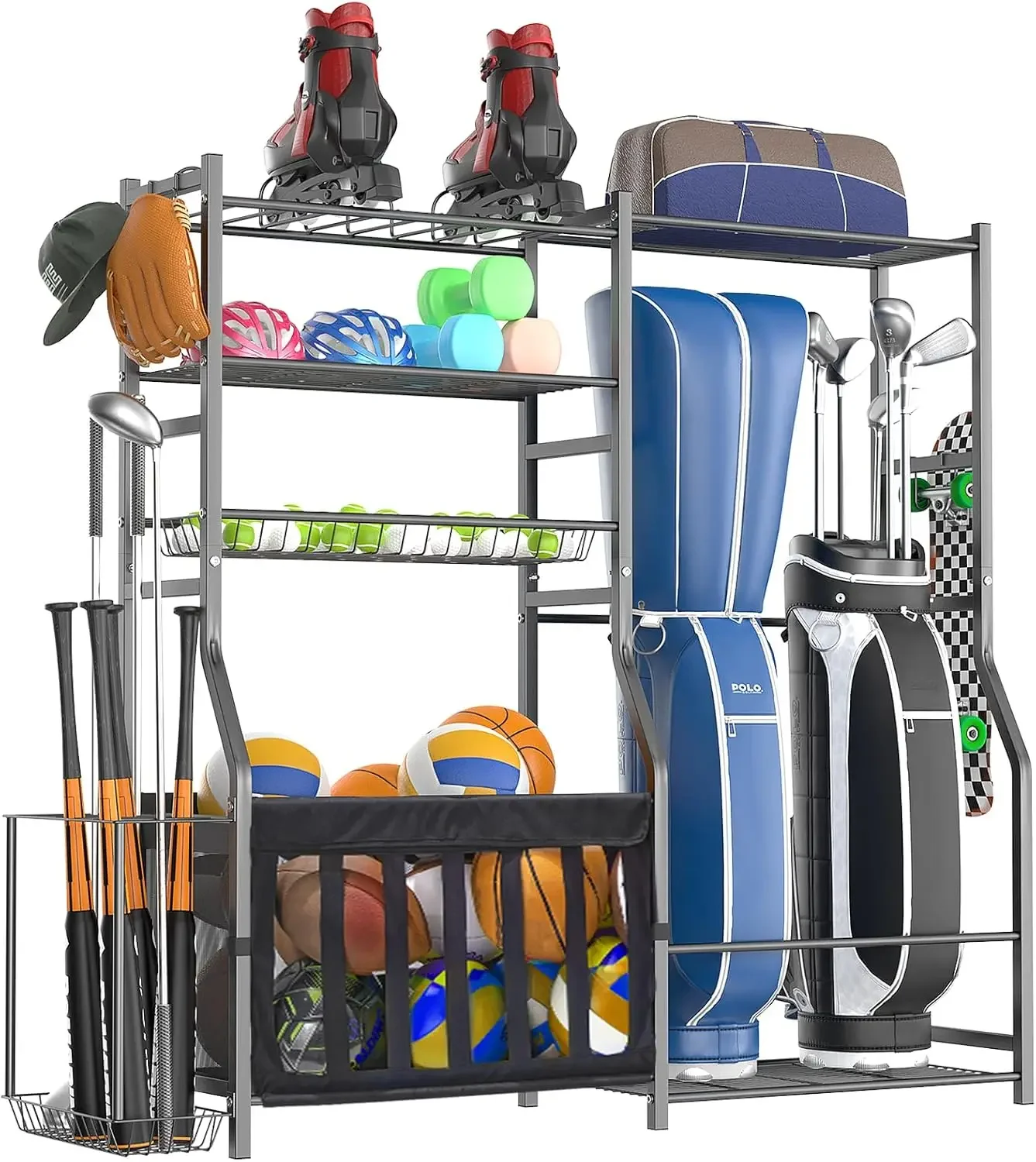 Golf Equipment Garage Storage - 頑丈なガレージスポーツ用品オーガナイザー、オールインワンゴルフバッグ収納ラック、バスケットボール、バット用マルチスポーツボールホルダー